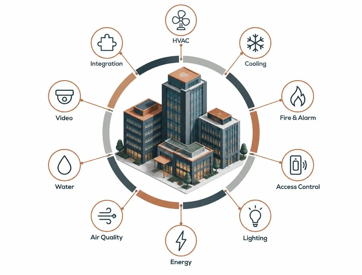 Building management system overview connecting HVAC, cooling, fire, access, lighting, energy, air quality, water, video and integration