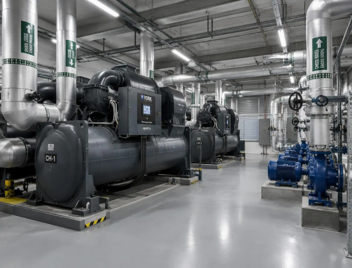 Chiller plant room with chillers, insulated pipework and pumps