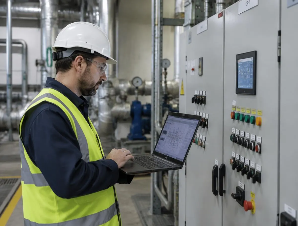 Engineer with hard hat working on a laptop next to an industrial control panel on site