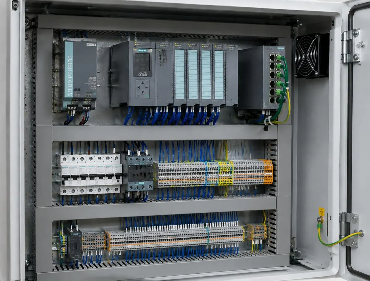 Open control cabinet with PLC modules, network switch and terminal blocks