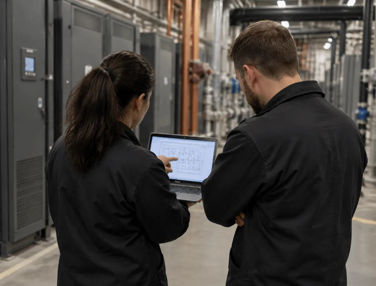 Two engineers in a data center plant room, a woman showing a technical drawing on her laptop screen to her colleague