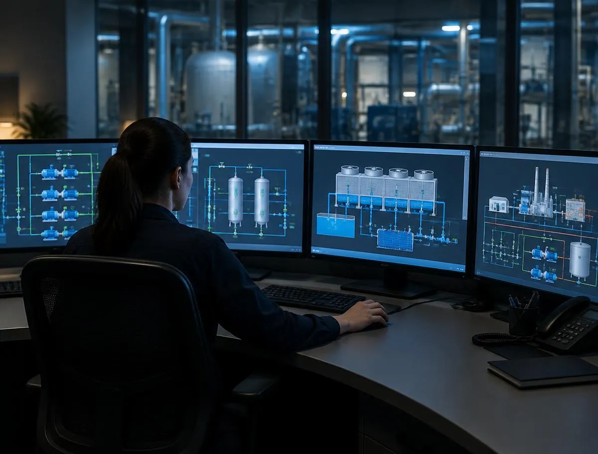 Operator at a control room workstation with SCADA process screens
